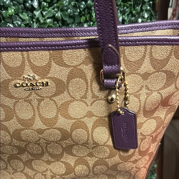 Coach Purple and Tan Signature Tote Bag - Picture 4 of 4